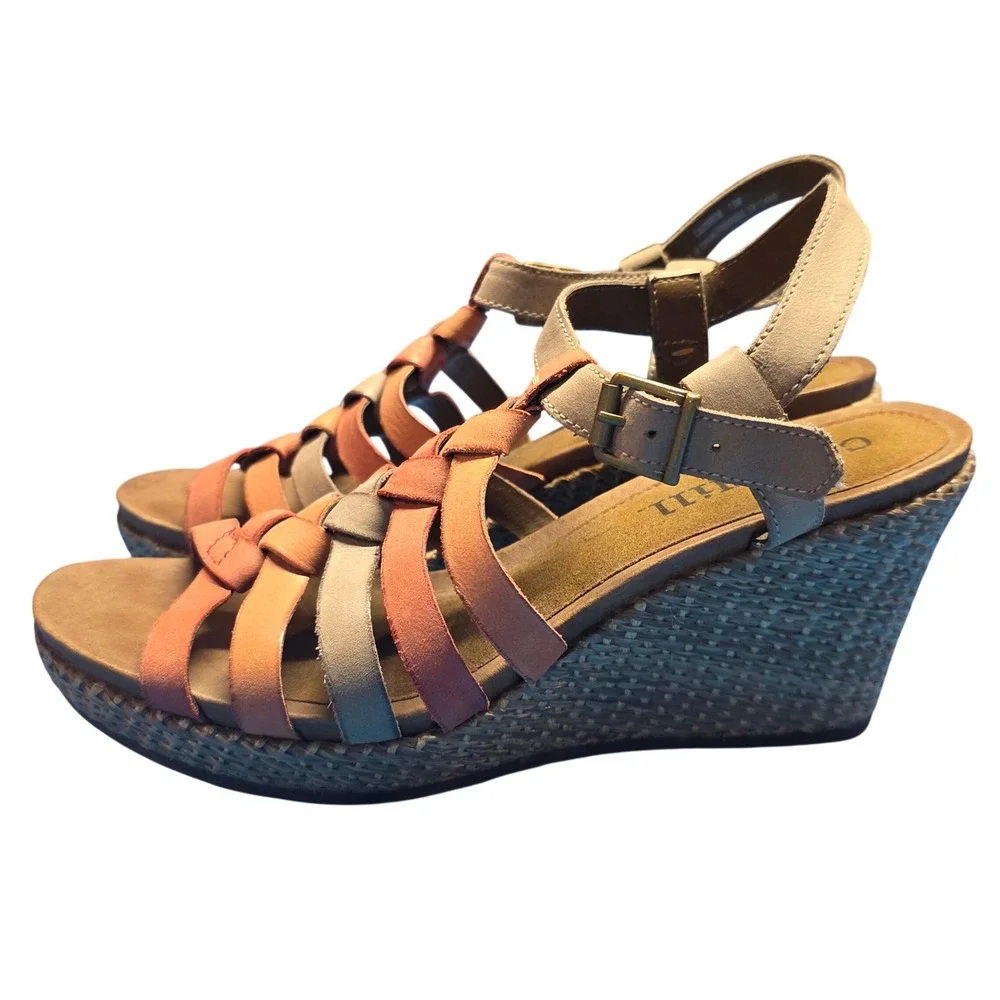 Cobb‎ Hill Women Size 7.5 Colorful Woven Strap Sandals Wedge Heel Buckle Summer